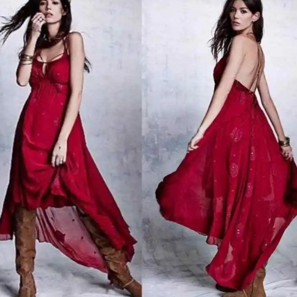 Free People Red Flowing High-Low Maxi Dress
